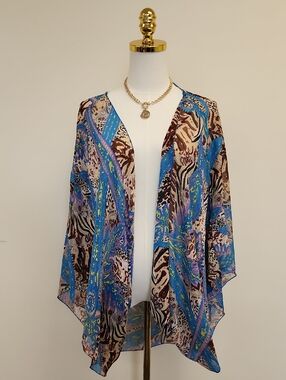 Blue Paisley Sheer Kimono Duster Boho Open Front Cover Up One Size